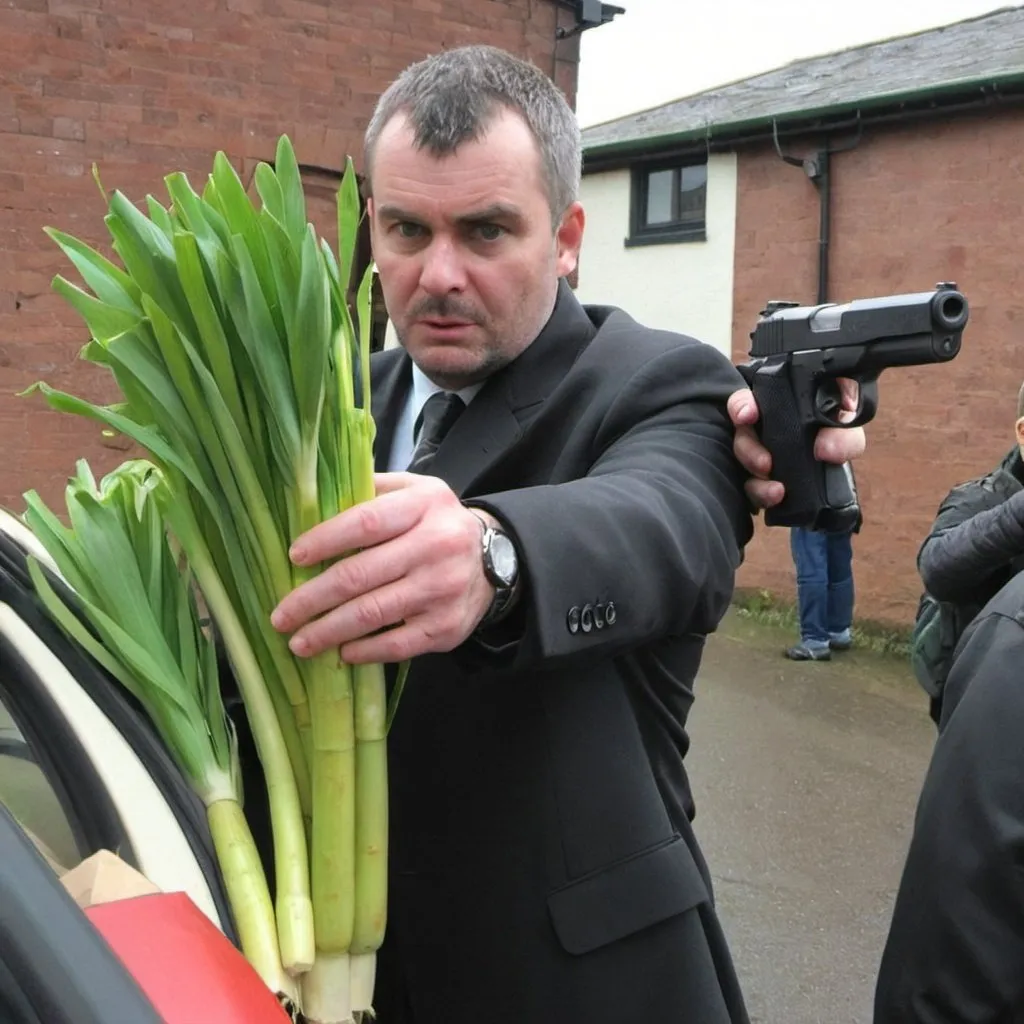 Prompt: being held at gunpoint by a leek