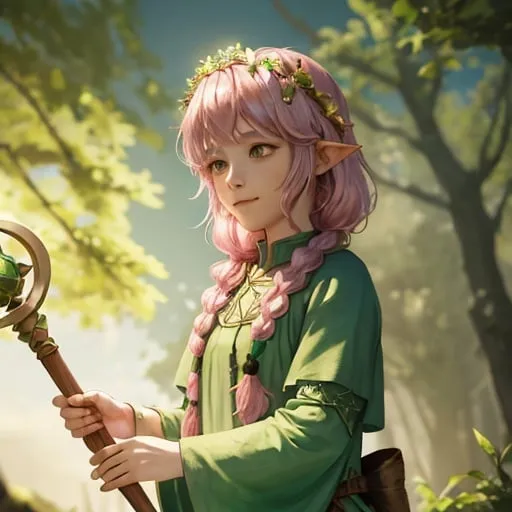Prompt: gentle, small smile, clueless, halfling woman druid, short woman, pink hair, two messy braids, wearing a simple green dress, medieval-fantasy setting, wooden staff, bright colors, metal flower crown, silver flower crown