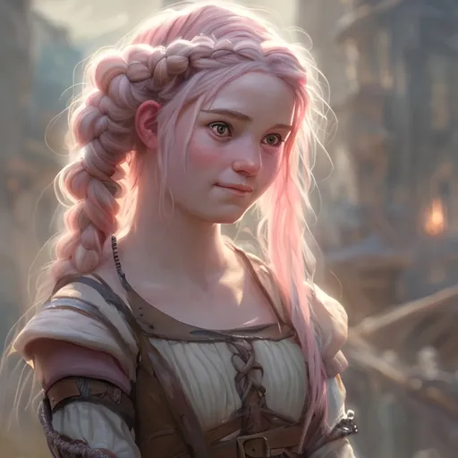 Prompt: painting of a shy short woman with light-pink hair wearing two messy braids in a medieval-fantasy setting