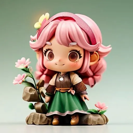 Prompt: gentle, small smile, clueless, halfling woman druid, short woman, pink hair, two messy braids, wearing a simple green dress, medieval-fantasy setting, wooden staff, bright colors, metal flower crown, silver flower crown, large metal flower crown, one person