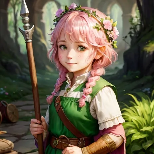 Prompt: painting, gentle, small smile, clueless, halfling woman druid, short woman, pink hair, two messy braids, wearing a simple green dress, medieval-fantasy setting, wooden staff, bright colors, metal flower crown, silver flower crown, metal forged flowers