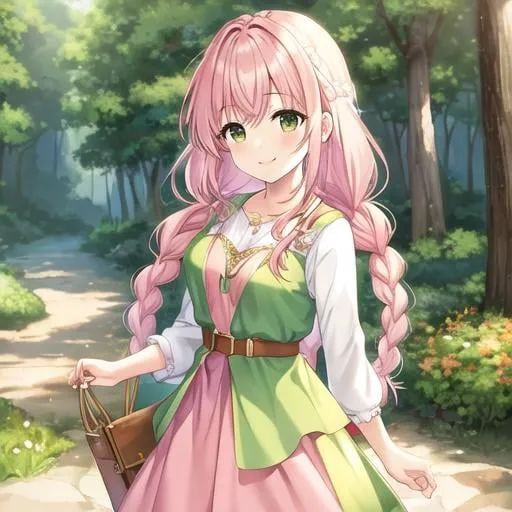 Prompt: painting, smiling girl, pink hair, two messy braids, halfling druid woman, short woman, young adult, wearing elegant green dress, small satchel, clueless, gentle, elegant dress, two long braids, girl, pink braids, forest background, shy girl, air headed, blank expression, one girl, green cotton dress, pale pink hair