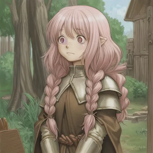 Prompt: painting of a shy short woman with light-pink hair wearing two messy braids in a medieval-fantasy setting