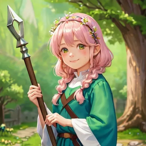 Prompt: painting, gentle, small smile, clueless, halfling woman druid, short woman, pink hair, two messy braids, wearing a simple green dress, medieval-fantasy setting, wooden staff, bright colors, metal flower crown, silver flower crown