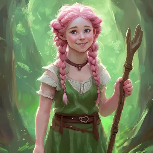 Prompt: painting, gentle, small smile, clueless, halfling woman druid, short woman, pink hair, two messy braids, wearing a simple green dress, medieval-fantasy setting, wooden staff, bright colors