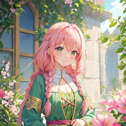 Prompt: painting of a shy short woman with light-pink hair wearing two messy braids in a medieval-fantasy setting, green dress, flowers in hair, messy pink braids, two braids, green eyes, smile, with a scimitar