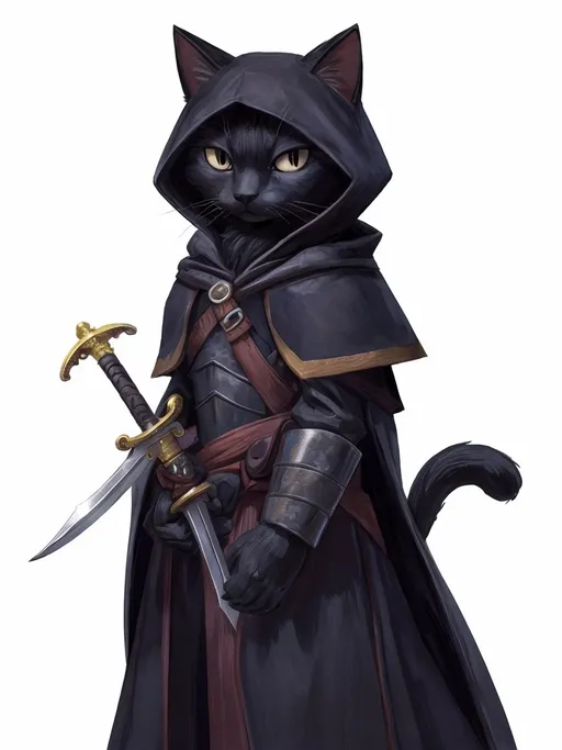 Prompt: fantasy black cat traveler with a sword, cloak