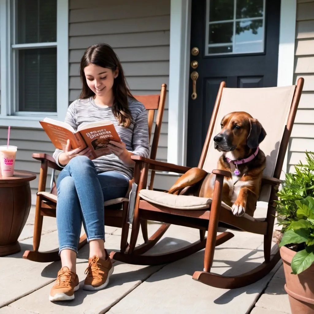 Prompt: sitting outside in a rocking chair with an iced Dunkin coffee anda dog, reading a book, listening to music