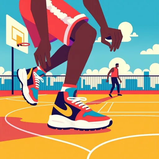 Prompt: vibrant close-up of a sneaker, dynamic poster concept, afro american male basketball player showcasing his shoe, intense expression, one foot in focus, basketball court background, lively colors, energetic atmosphere, court lines and hoop visible, light reflections on sneaker surface, engaging composition, ultra-detailed, HD quality, action-packed essence, promotional vibe.