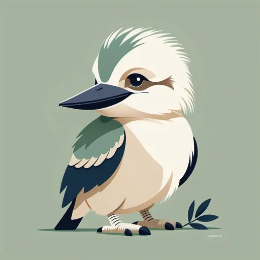 Prompt: Create a minimalistic illustration of a baby Kookaburra inspired by golf. The design should be classic and elegant, using only 1-2 tints from a sophisticated color palette such as muted greens, navy blue, or soft beige. The Kookaburra should have clean, simple lines with subtle golf elements integrated, such as holding a golf club or perched on a golf tee. The style should balance modern minimalism with a timeless, conservative aesthetic, ensuring it feels both child-friendly and premium