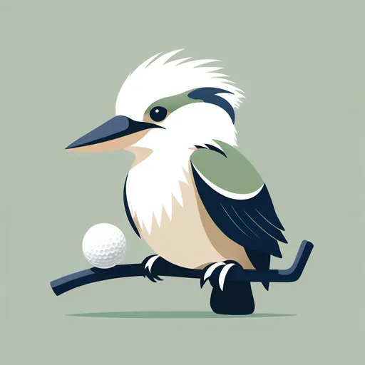 Prompt: Create a minimalistic illustration of a baby Kookaburra inspired by golf. The design should be classic and elegant, using only 1-2 tints from a sophisticated color palette such as muted greens, navy blue, or soft beige. The Kookaburra should have clean, simple lines with subtle golf elements integrated, such as holding a golf club or perched on a golf tee. The style should balance modern minimalism with a timeless, conservative aesthetic, ensuring it feels both child-friendly and premium