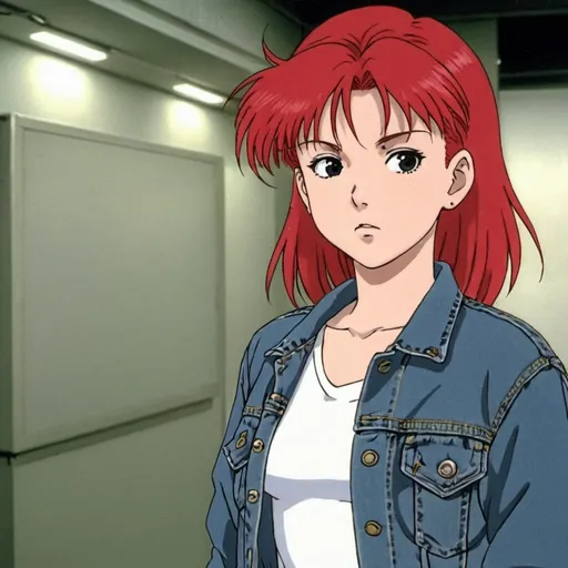 Prompt: 1990's screencap,anime, girl , color manga, punk, red hair, denim jacket