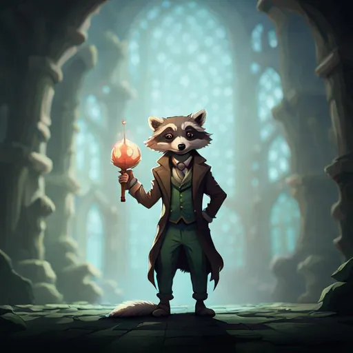 Prompt: a anthropomorphic Racoon is a wild magic sorcerer, in faded green frock coat  and holding a magical staff in his hand. He has a raccoon face
