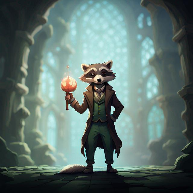 Prompt: a anthropomorphic Racoon is a wild magic sorcerer, in faded green frock coat  and holding a magical staff in his hand. He has a raccoon face