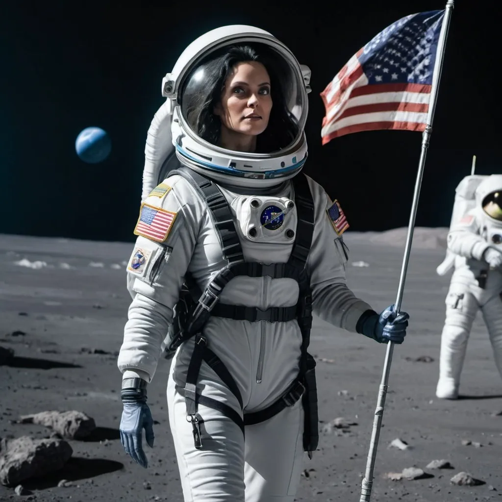 Prompt: Space force woman returning from orbital combat with flag and dead alien