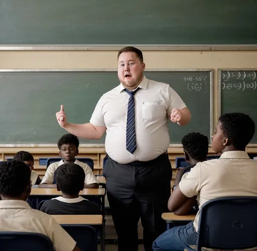 Prompt: A male white & chubby teacher sitting on the chair in the class, making a male black student stand and scolding in front of the whole class full of students including boys and girls, everyone is sitting on bench except the black boy