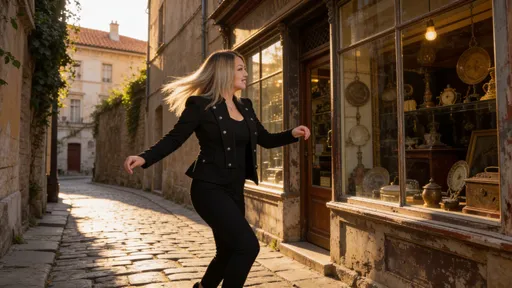 Prompt: @hm4qM2uGigVuHkfC5T7F Dancing with the music on an old stone street, looking in the windows at stuff.