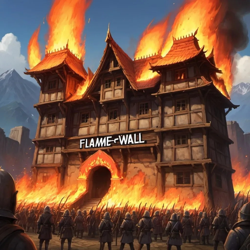 Prompt: A flamewall, where it says "Flamewall" in front of everything and the flamewall had a burning village