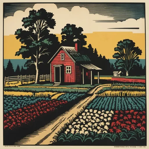 Prompt: farm in michigawith outhouse  n  1920 vintage block print multicolor