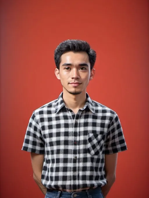 Prompt: a man standing in front of a red background wearing a black and white shirt and jeans with a black and white checkered pattern, Abidin Dino, sumatraism, professional photo, a photocopy