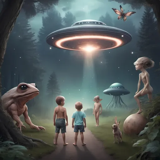 Prompt:  Bigfoot fairy creatures and a little boy with UFO in background 