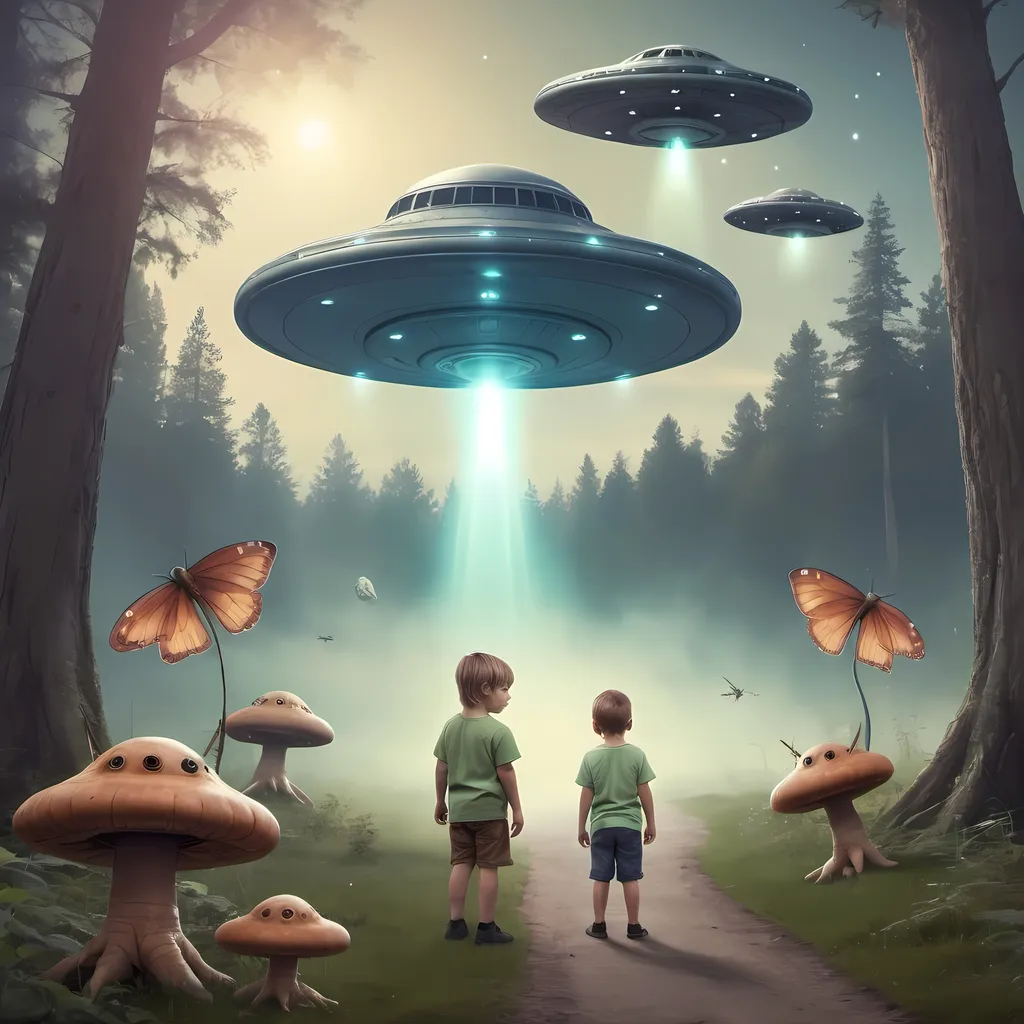 Prompt:  Bigfoot fairy creatures and a little boy with UFO in background 