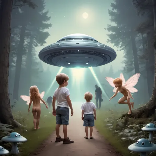 Prompt:  Bigfoot fairy creatures and a little boy with UFO in background 