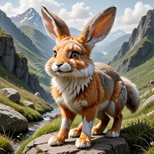 Prompt: A unique creature that combines a rabbit and a fox, set against a mountainous landscape. It has soft, fluffy gray fur with light brown highlights, large, padded paws ideal for bounding across rugged terrain, and long, slightly bent rabbit ears. Its fox-like face shows a curious, gentle expression, with bright, intelligent eyes, perfectly blending agility and charm.