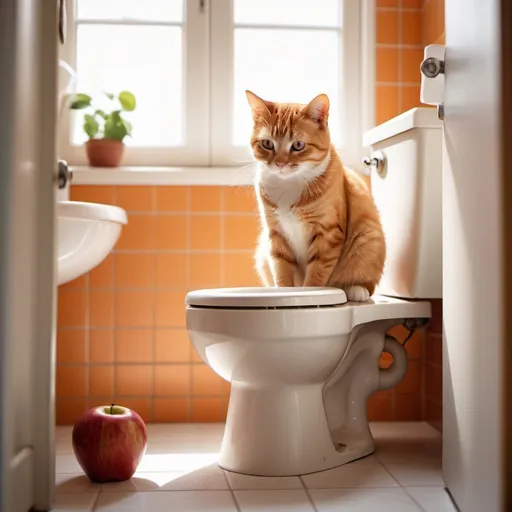 Prompt: A small orange tabby cat sitting on an open toilet in a bathroom, happily and exaggeratedly playing with an Apple iPhone 15. The cat is wearing white clothing, with its pants pulled down to its calves as it is using the toilet. The bathroom has white tiled walls and a soft beige rug. Warm morning light filters through a frosted window, casting a gentle glow over the scene. The image is in the style of realistic style, with a 3D rendering effect, with bright colors, at a high resolution, as a full body portrait. Created using: Canon EOS R5 camera, detailed textures, vibrant lighting, natural shadows, high-definition, professional 3D rendering, realistic, humorous, everyday life