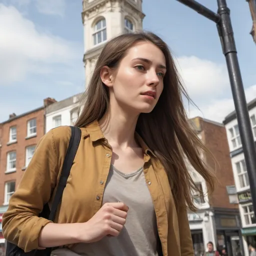 Prompt: Tall young woman walking down the high street, detailed clothing, realistic, natural lighting