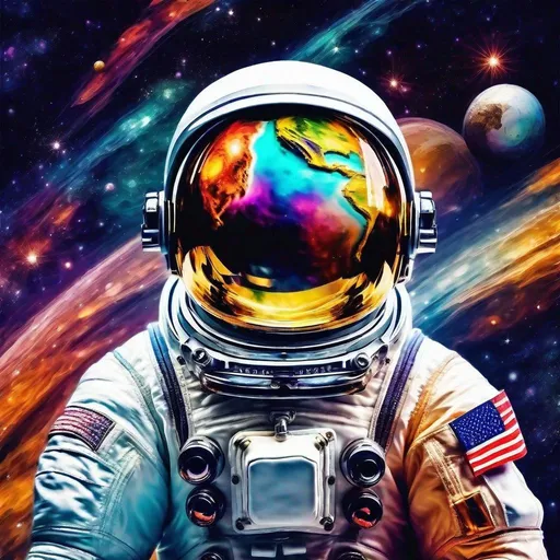 Prompt: a world full of wonders and colors reflecting the the helmet of an astronaut