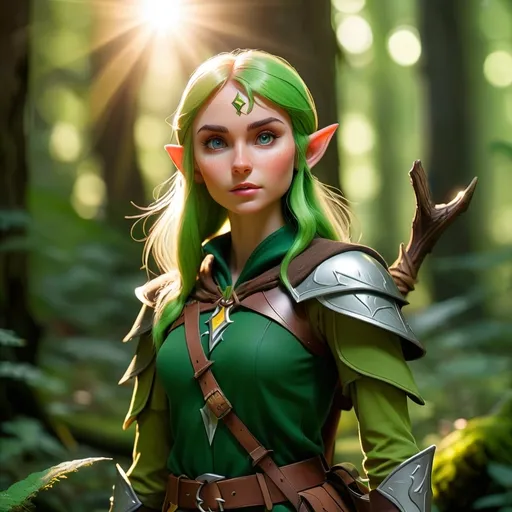 Prompt: Elf ranger in a mystical forest around sunlight