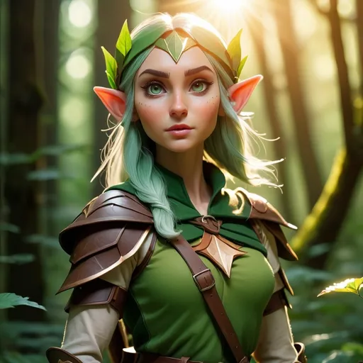 Prompt: Elf ranger in a mystical forest around sunlight