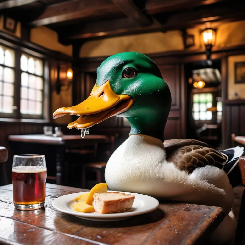 Prompt: An angry duck eating lunch in an old English tavern