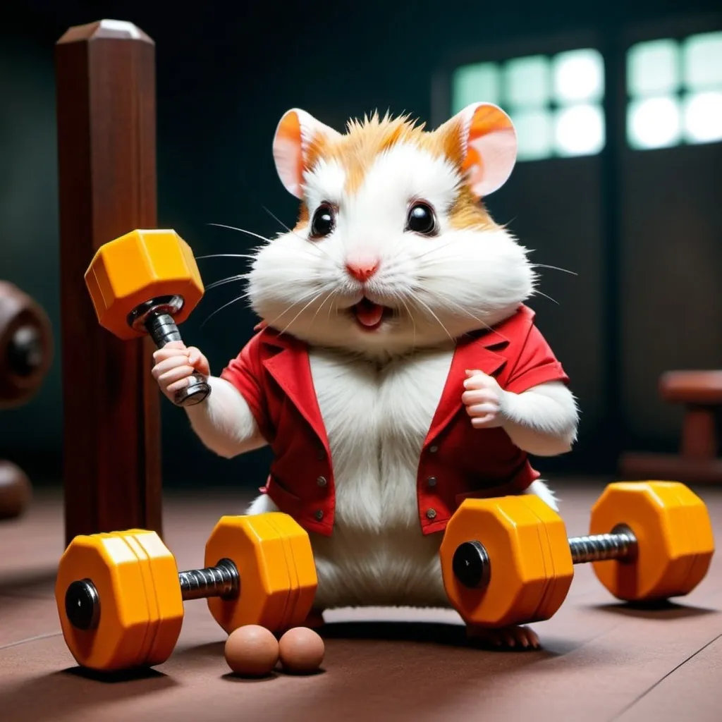 Prompt: Hamster Kombat gym, coin dumbbells