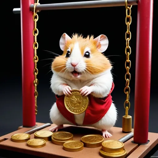 Prompt: Hamster Kombat gym, gold coin weights