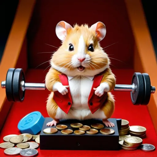 Prompt: Hamster Kombat gym, dumbbells with coins instead of weights