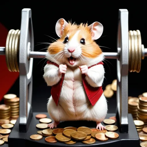 Prompt: Hamster Kombat gym with a barbell made of coins