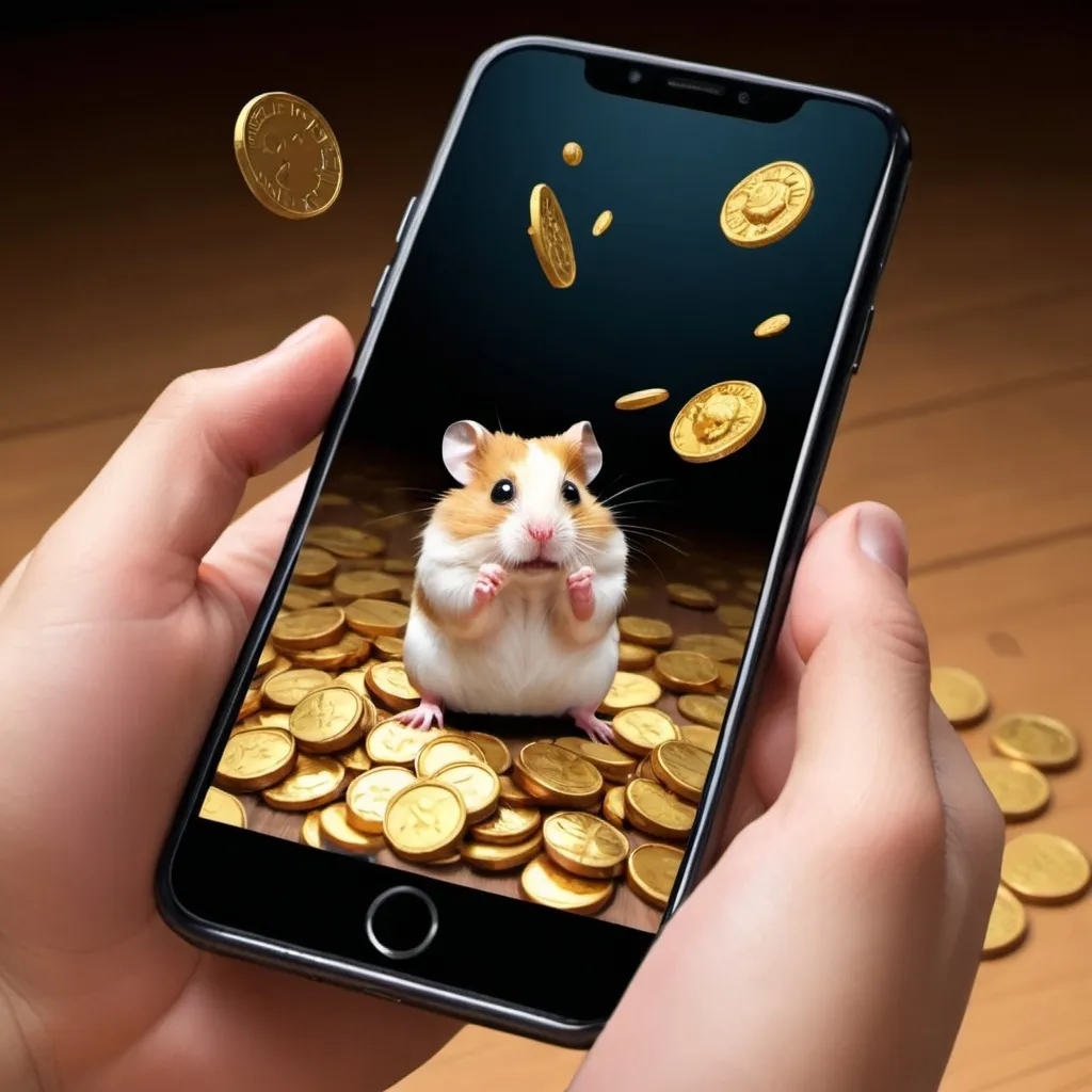 Prompt: Hamster Kombat, tap on smartphone, coins fly out of the screen, Everywhere around everyone is pressing on the smartphone screen