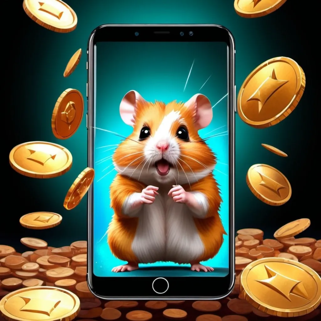 Prompt: Hamster Kombat, tap on smartphone, coins fly out of the screen, Everywhere around everyone is pressing on the smartphone screen