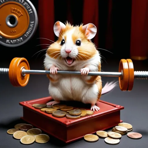 Prompt: Hamster Kombat gym with a barbell made of coins