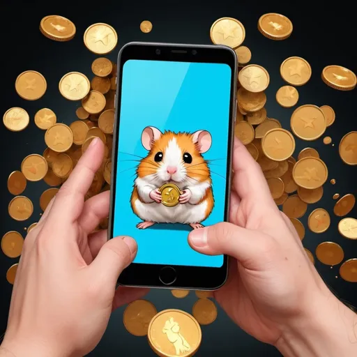 Prompt: Hamster Kombat, tap on smartphone, coins fly out of the screen, Everywhere around everyone is pressing on the smartphone screen