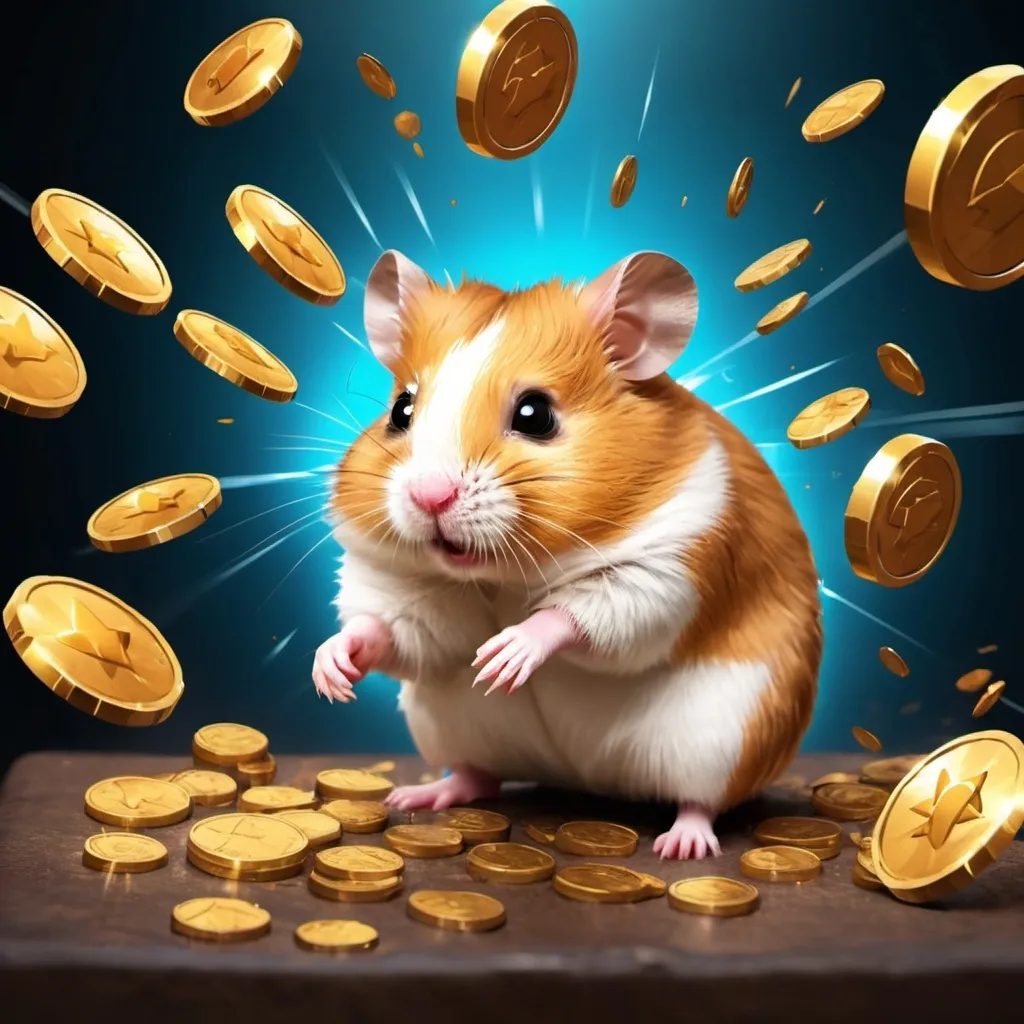 Prompt: Hamster Kombat, tap on smartphone, coins fly out of the screen, Everywhere around everyone is pressing on the smartphone screen