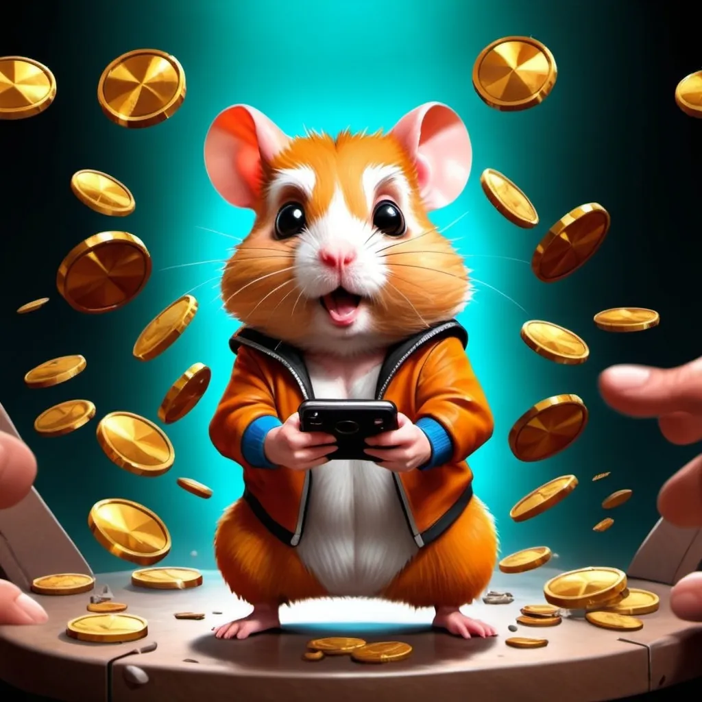 Prompt: Hamster Kombat, tap on smartphone, coins fly out of the screen, Everywhere around everyone is pressing on the smartphone screen