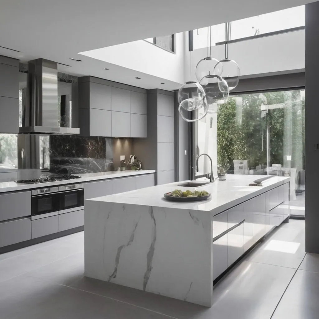 Prompt: luxurious modern urban billionair estate   interior grey white kitchen
