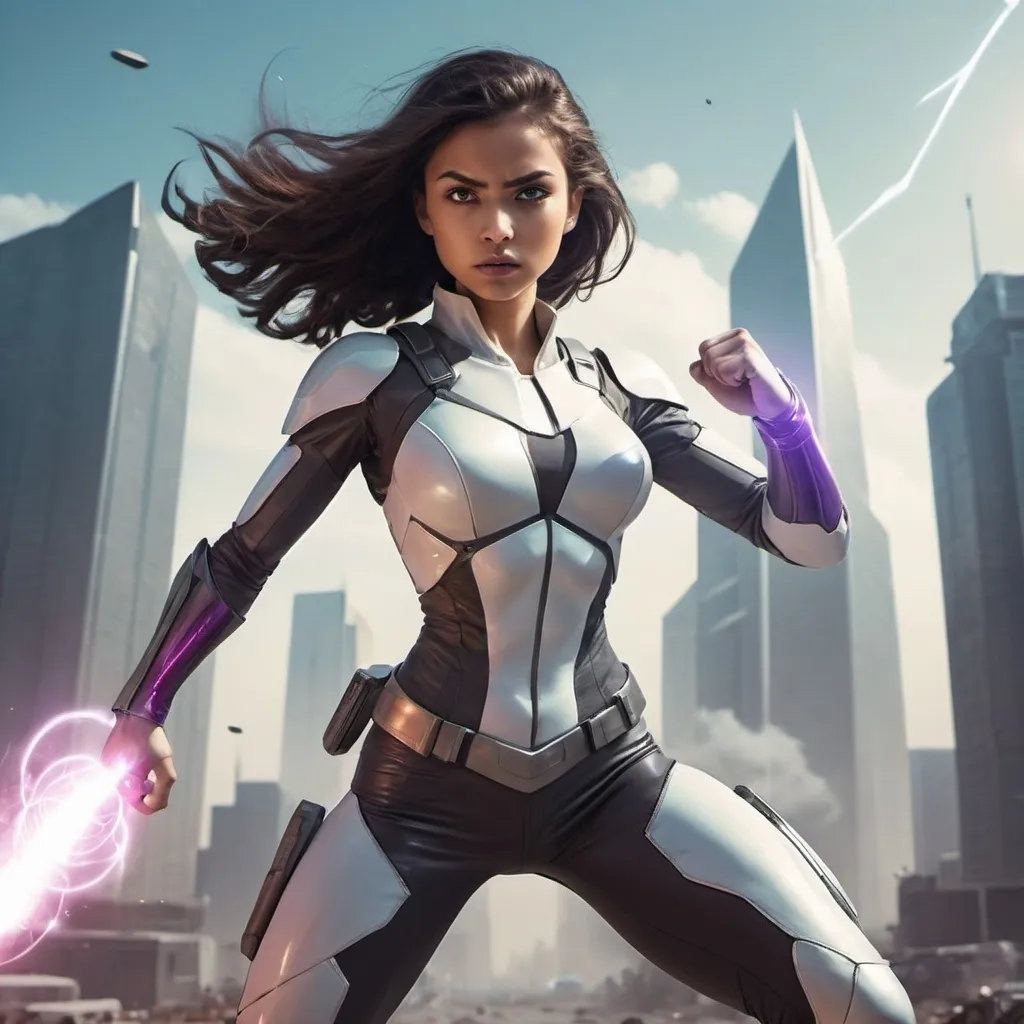 Prompt: A girl with super powers in a futuristic world fighting against enemies