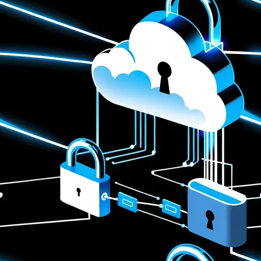 Prompt: A conceptual image of a secure data transaction happening in the cloud. Depict data packets flowing in the form of glowing trails between servers and a cloud storage device. The cloud should be wispy and transparent, with a lock symbol incorporated into its design to emphasize security.
