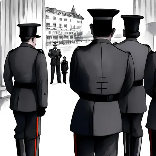 Prompt: Make a sketch of hotel guards from backside