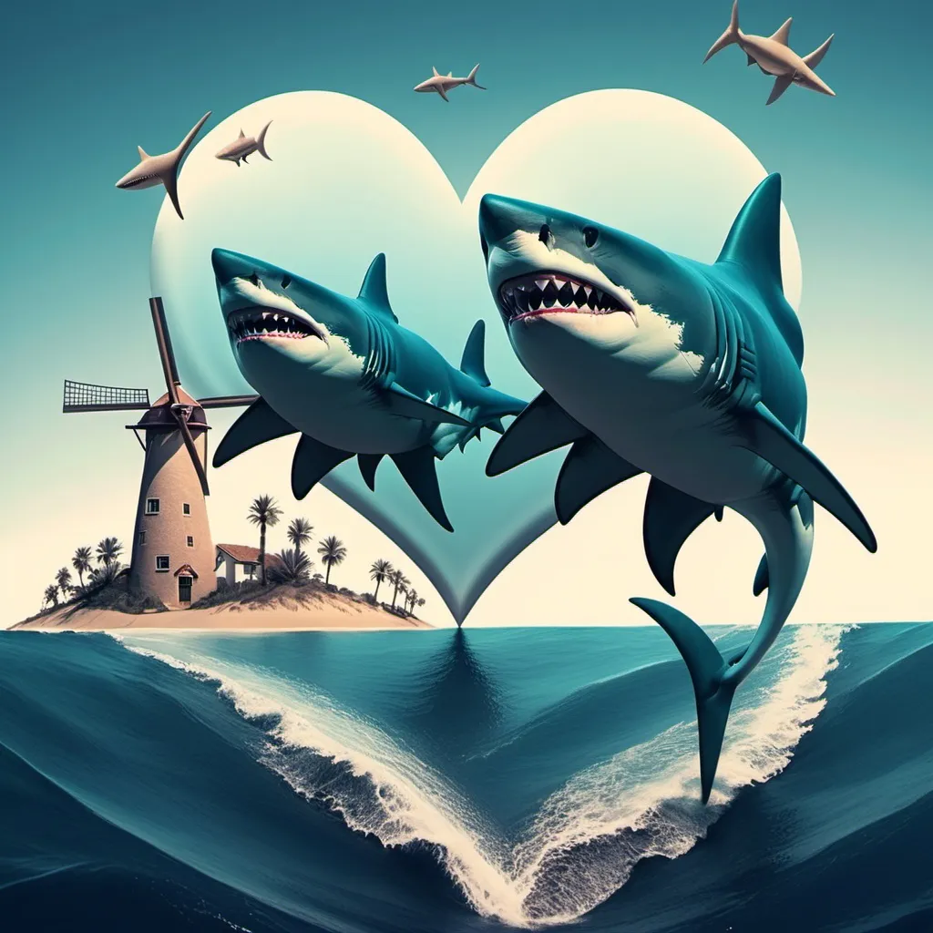 Prompt: sharks windmills heart