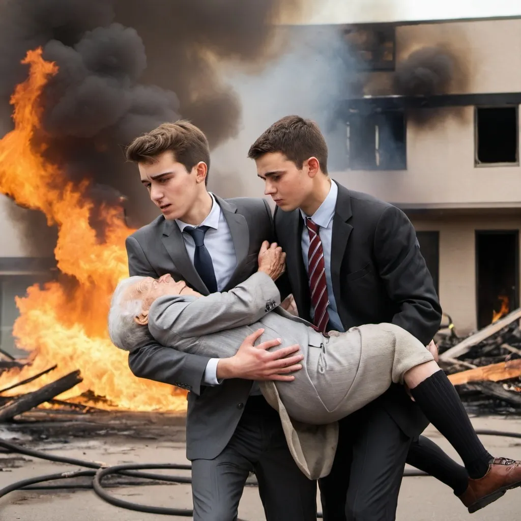 Prompt: a young man in suit is rescuing an elder from fire